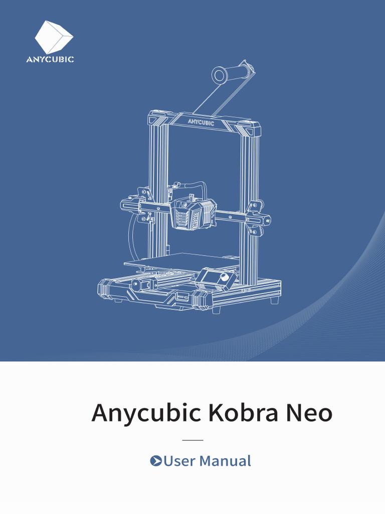 The image shows a technical drawing of the Anycubic Kobra Neo 3D printer.