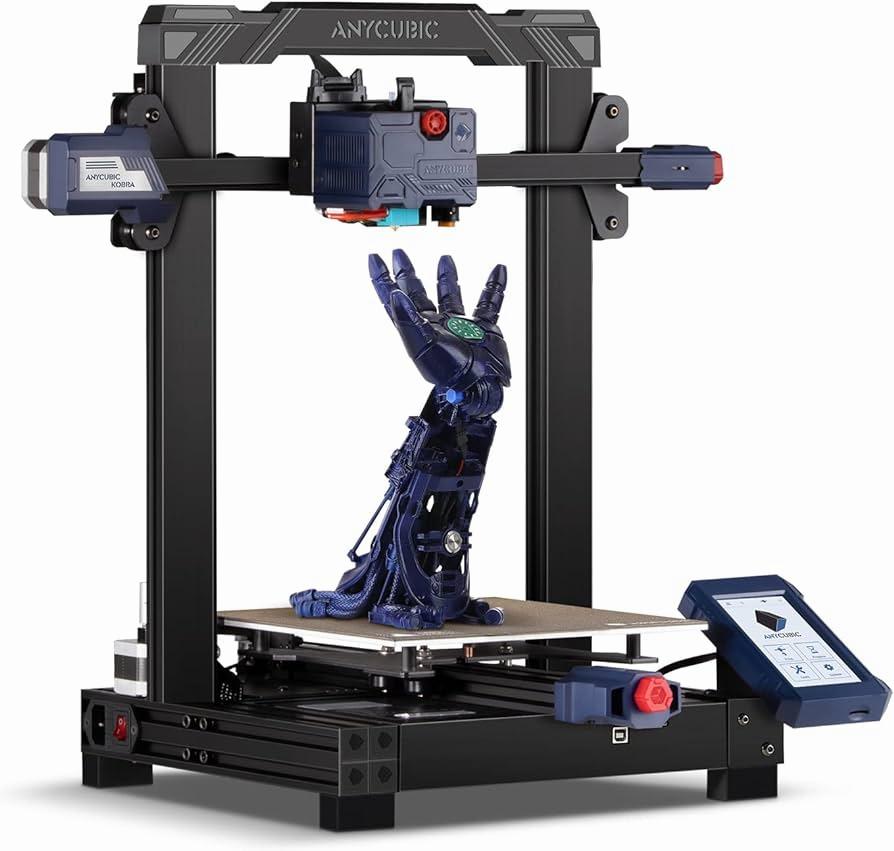 A 3D printer is printing a blue colored model of a mechanical hand.