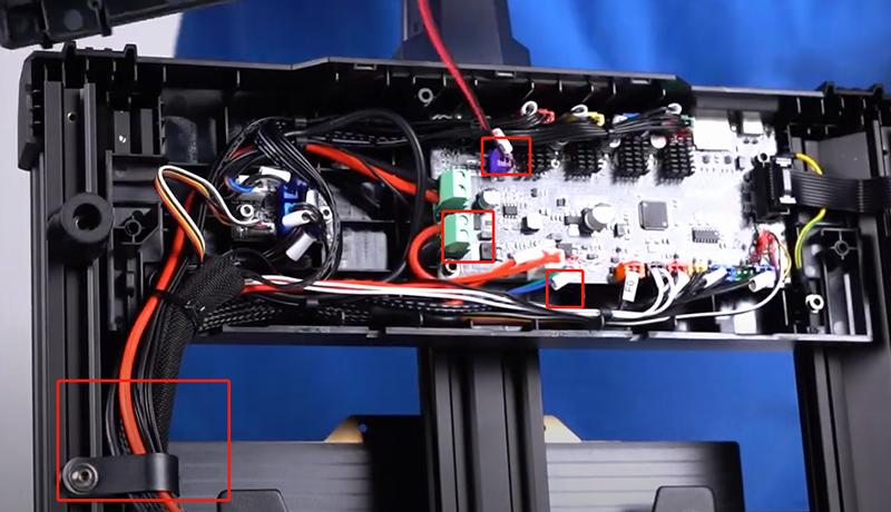 The image shows the inside of a Creality Ender 3 v2 3D printer with the power supply, motherboard, and wiring labeled.