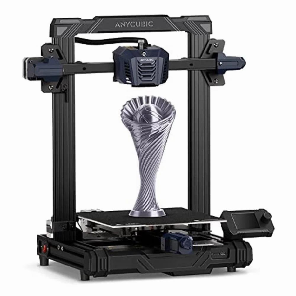 Black and blue 3D printer with a purple vase on the print bed.