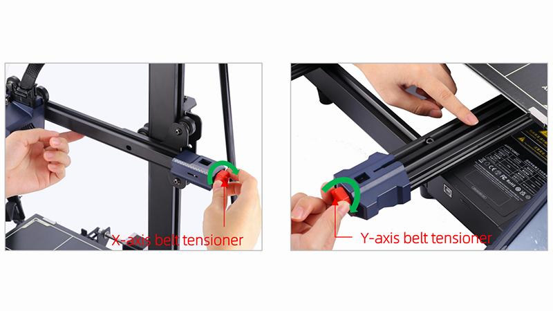 The image shows the locations of the X-axis and Y-axis belt tensioners on a 3D printer.