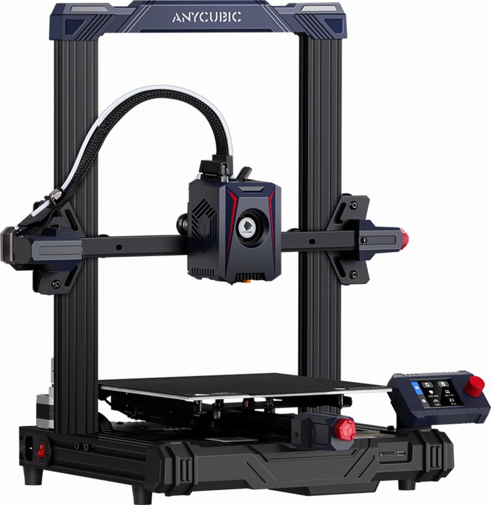 The image shows a black and blue Anycubic Kobra 3D printer with a red button and a touchscreen display.