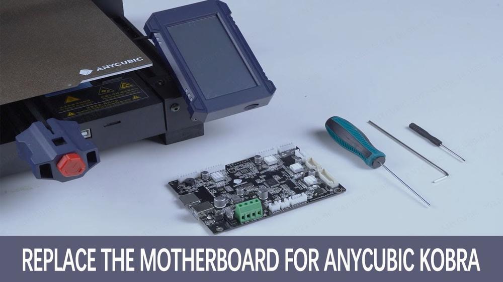 A blue and black Anycubic Kobra 3D printer with the build plate removed, a circuit board, and a screwdriver on a white table.
