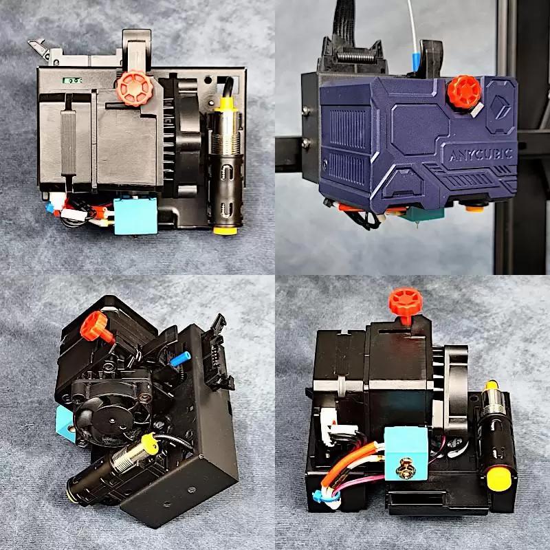 Four views of the upgraded parts of an Anycubic Kobra 3D printer.