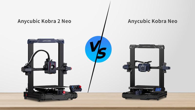 The Anycubic Kobra Neo on the left is a 3D printer with a larger build volume and a filament sensor, while the Anycubic Kobra Neo on the right is a 3D printer with a smaller build volume and no filament sensor.