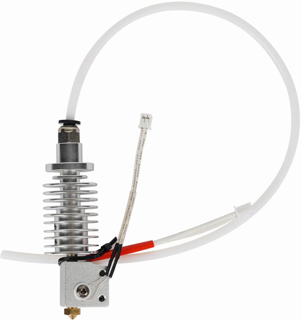 A photo of a metal hot end and white Bowden tube with red and white wires.