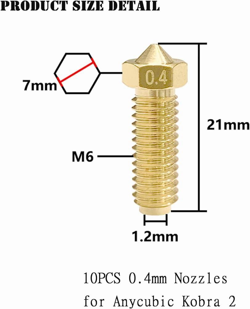 The image shows a brass nozzle for a 3D printer, with a diameter of 0.4mm and a length of 21mm.
