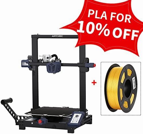The image shows a black and blue Anycubic Mega X 3D printer with a roll of yellow PLA filament.