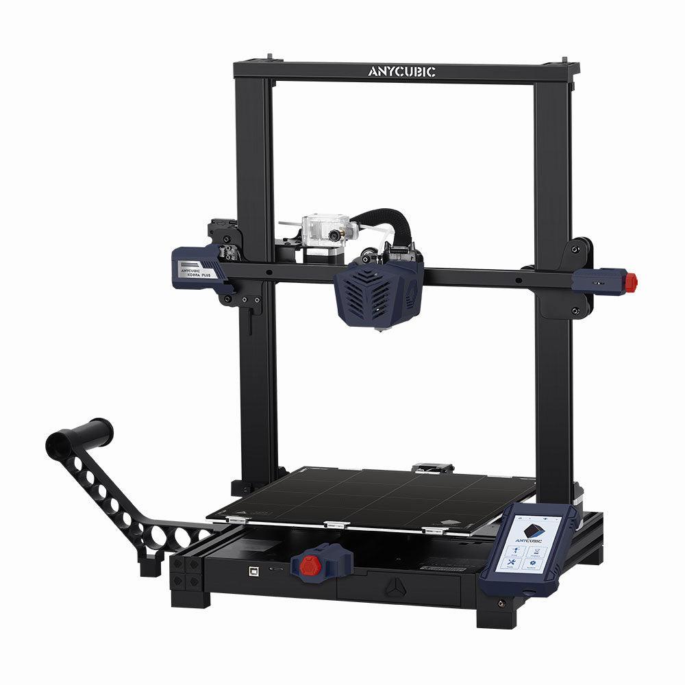 The image shows a black and blue Anycubic Mega X 3D printer.