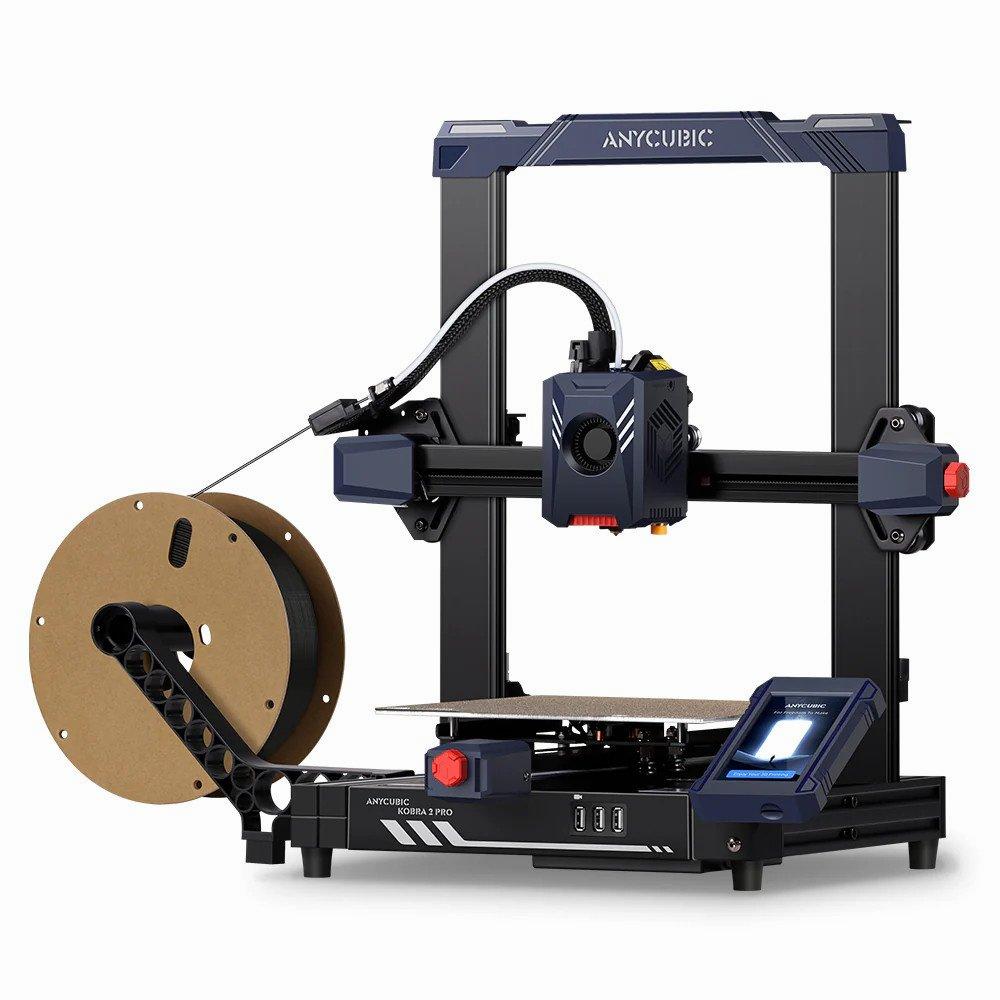 Black and blue Anycubic Kobra 3D printer with a spool of filament.