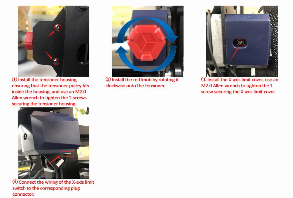 The image shows the steps to install the X-axis limit switch on a 3D printer.