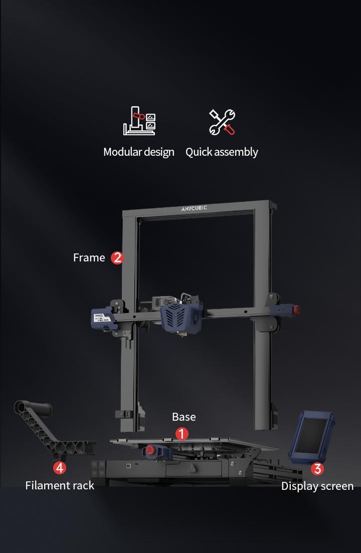 The image shows the four main components of the Anycubic Kobra 3D printer: the frame, base, filament rack, and display screen.