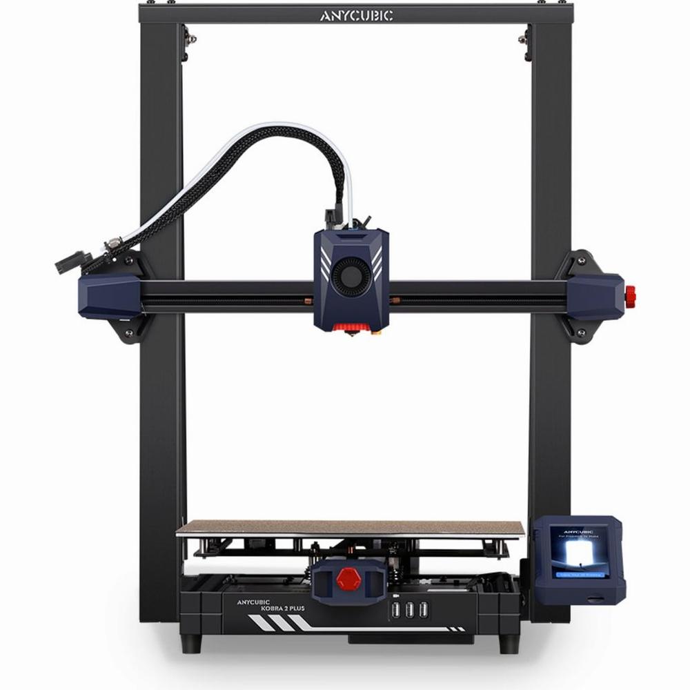 The image shows an Anycubic Kobra 3D printer, which is an easy-to-use and affordable option for beginners.