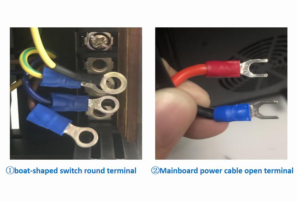 Two electrical terminals, the first is a boat-shaped switch round terminal, and the second is a motherboard power cable open terminal.