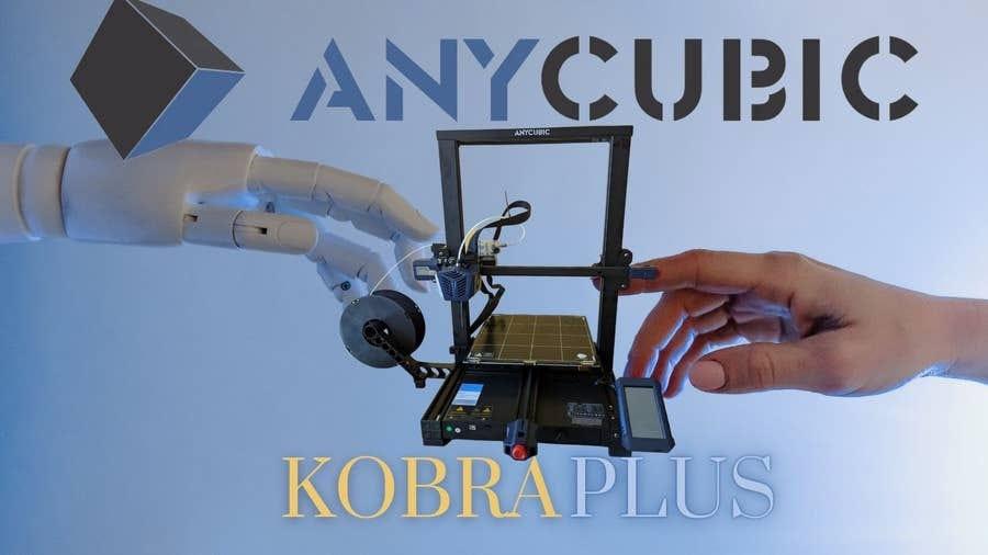 A white robotic hand reaches out to touch a black Anycubic Kobra Plus 3D printer.