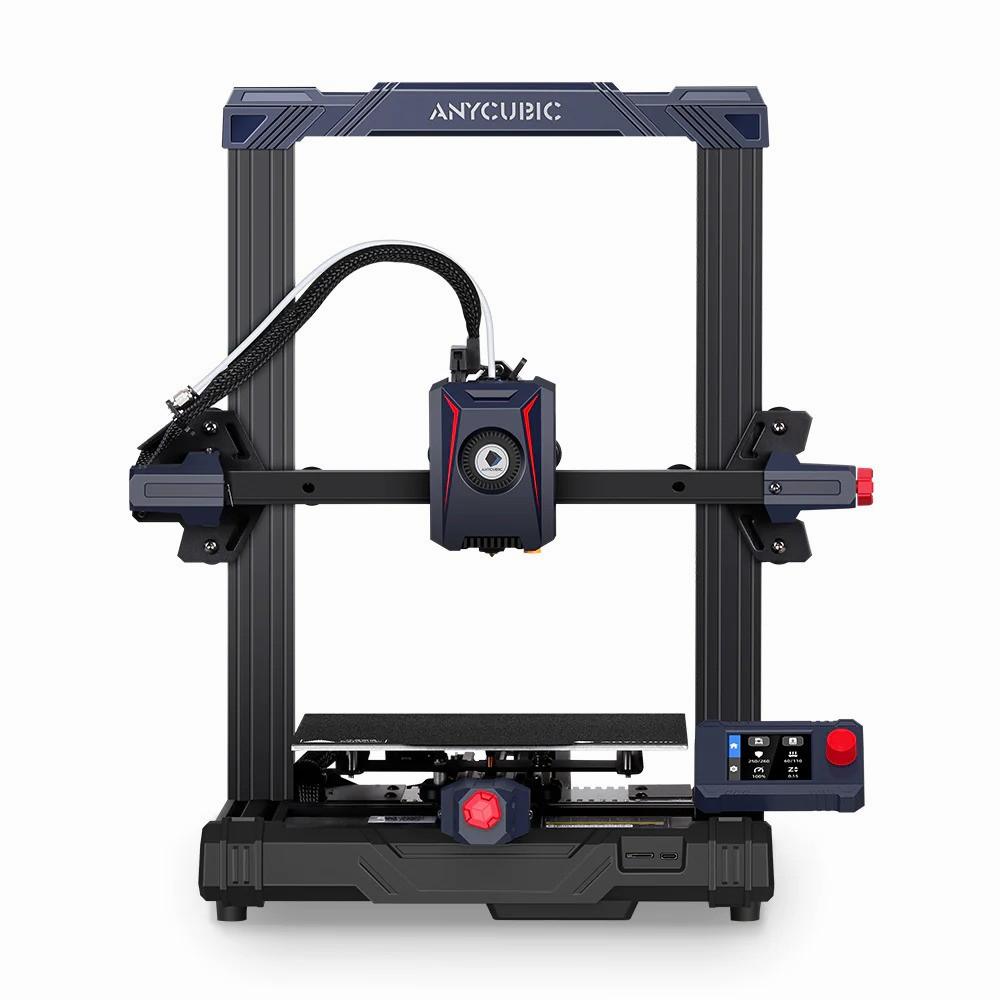The image shows a black and blue Anycubic 3D printer with a red button and a blue screen.
