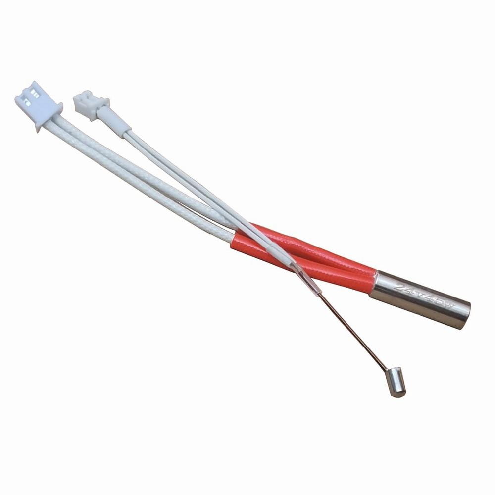 A photo of a metal heat element with a red silicone sock and white electrical wires.